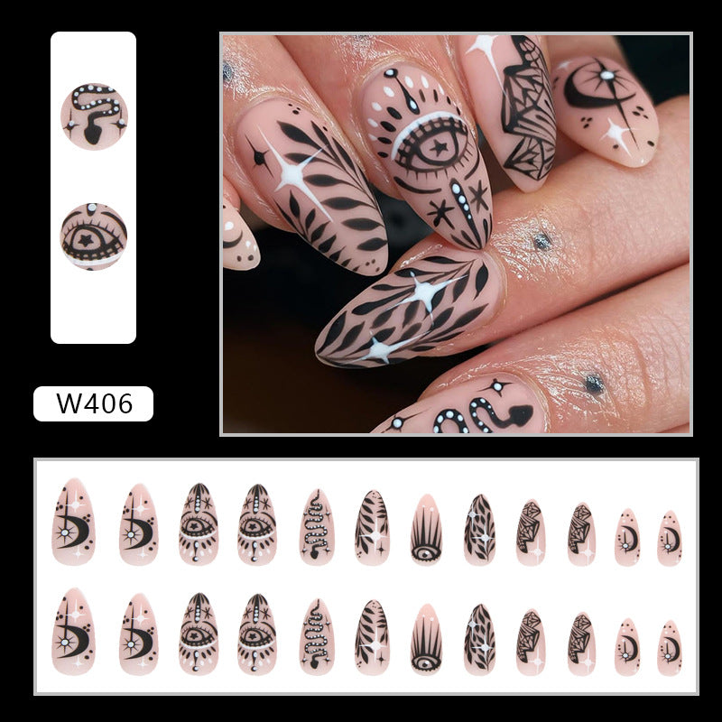 Popular Almond Nails Black Totem Wearable Big Eye Diamond Moon Euro Halloween Ins Style