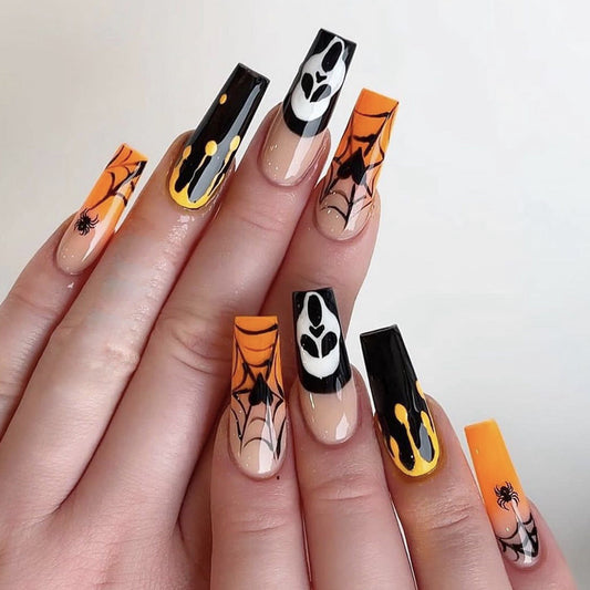 Popular Halloween Long Ballet Fake Nails with Ghosts, Spider Web, Hearts, and Orange