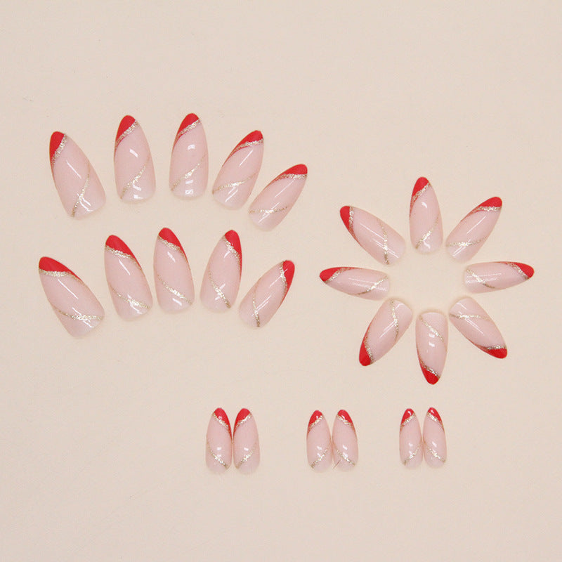 Popular Almond Round Nails Glitter Wave Red Triangle French Bridal Festival Wearable Nails