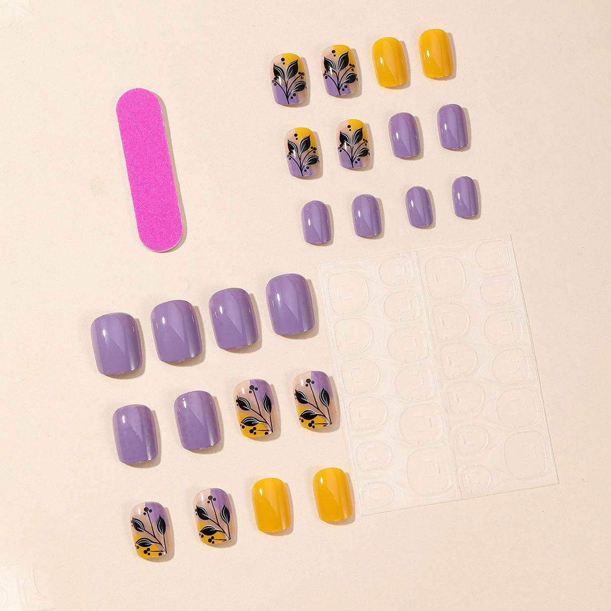 Popular Spring Summer Purple Yellow Floral Print Detachable Fake Nails