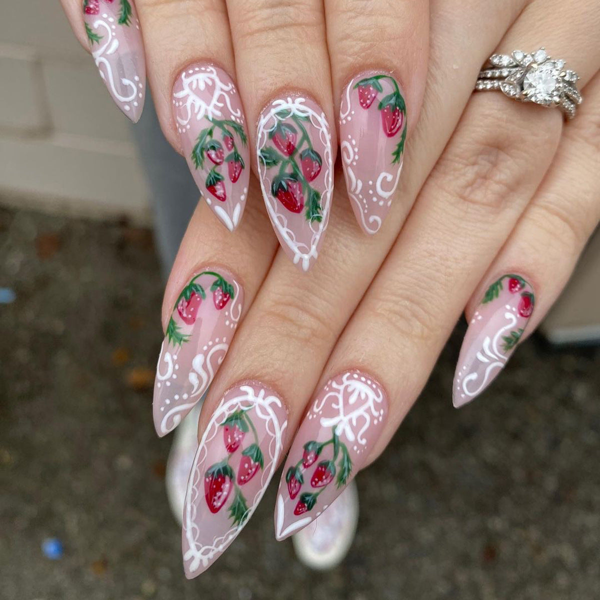 Lace and Strawberry Wedding Nails, White and Red