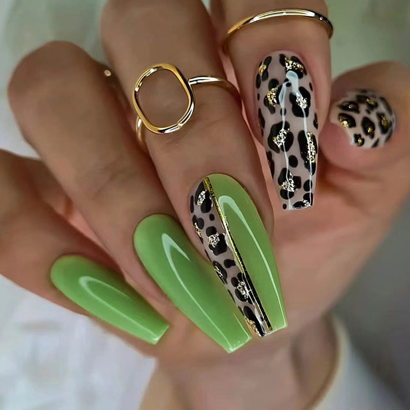 Popular European Ins-Style Long Ballet Olive Green Leopard Nails