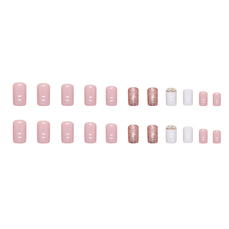 Popular Mid-Length Square Pink Cream Diamond Nails, Shiny, Ins Style