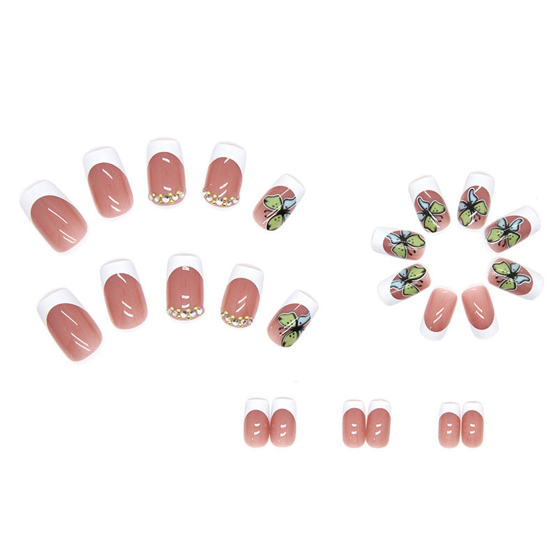 Popular Mid-Length Square Nails with Diamonds White French Edge Clear Pearl Sparkle Butterfly Pink