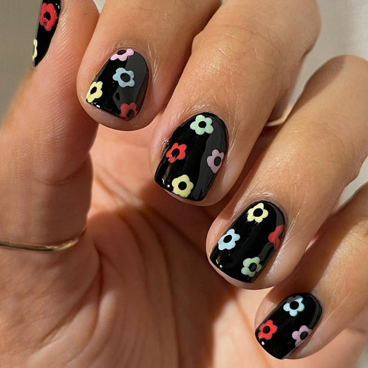 Popular Dark Square Short Nails, Cute Flower and Cartoon Design