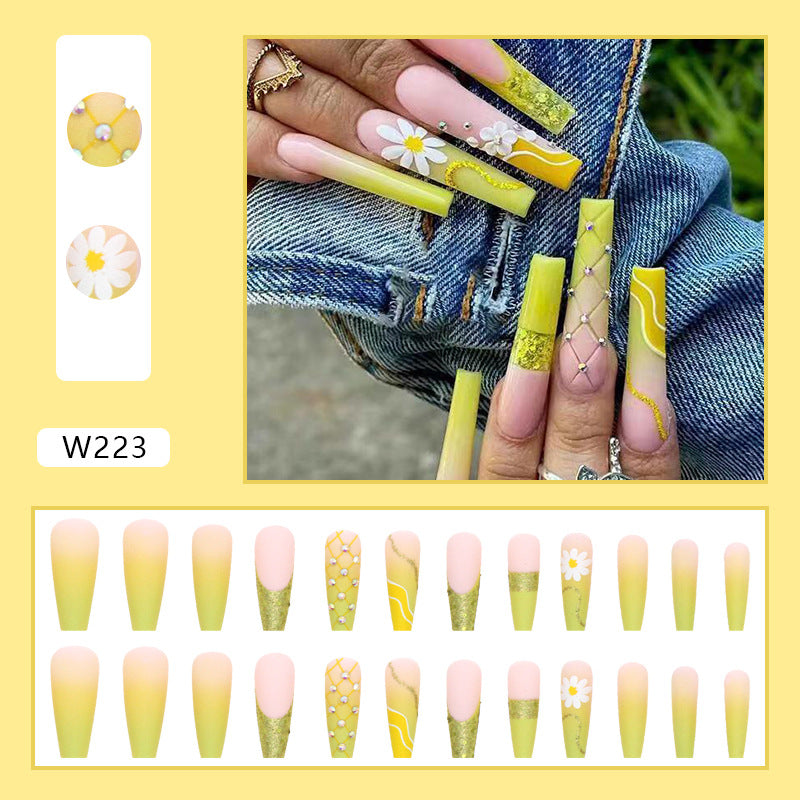 Popular Goose Yellow Ombre Cute Daisy Sparkling Rhinestones Long Ballet Nails