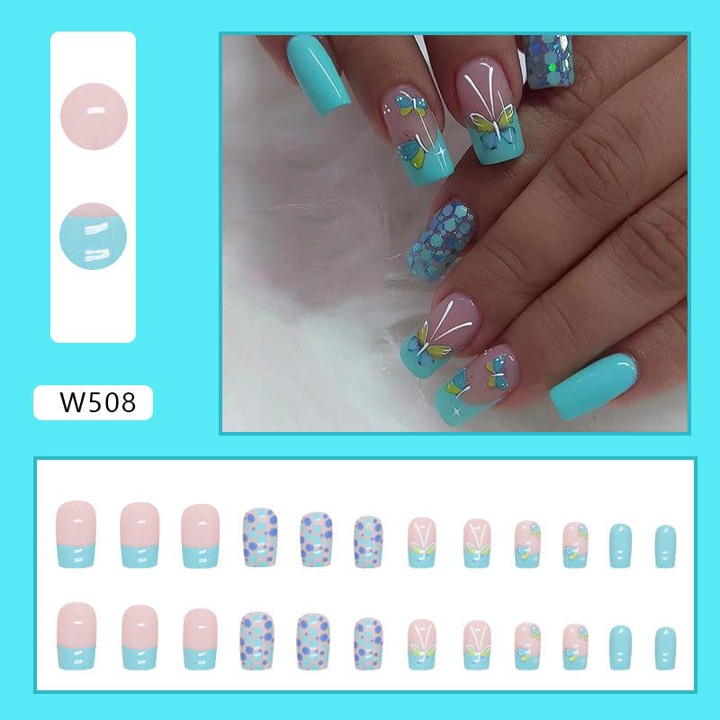 Popular Light Blue-Green Butterfly Nails, Mid-Length Square, Lake Green French