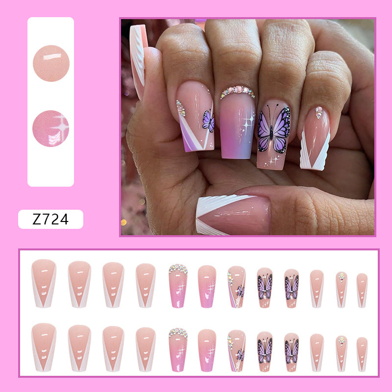 Popular Mid-Length Triangle French Nails with Rhinestones Spring/Summer Butterfly Stars Gradient