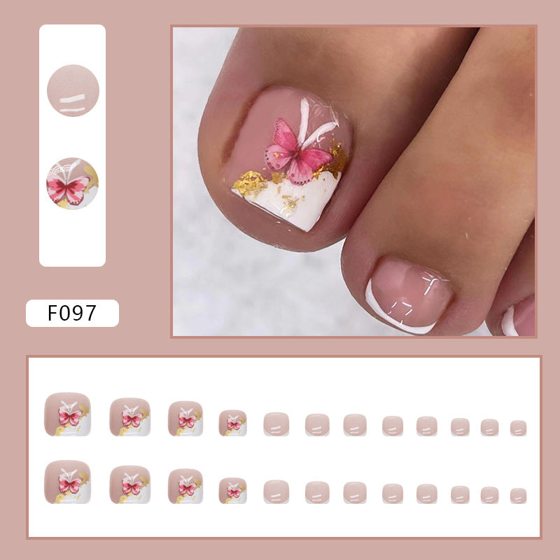 Popular Pure Desire White French Nails with Pink Butterflies