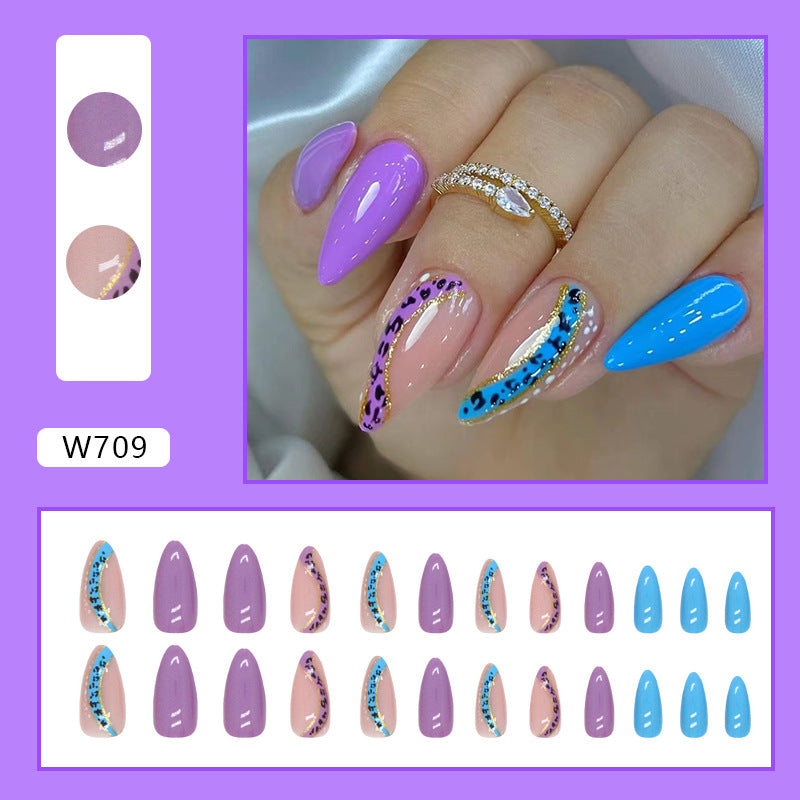 Popular European Leopard Almond Nails, Blue-Purple Ombre with Glitter