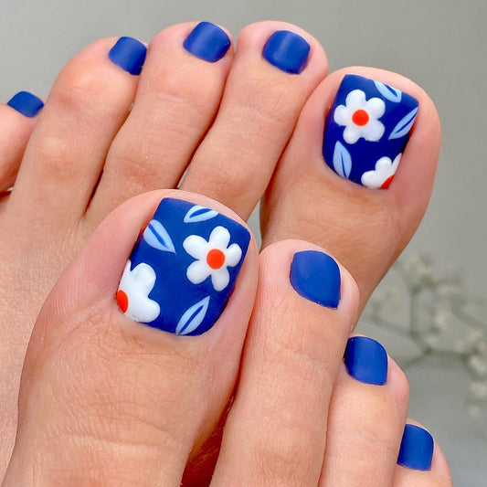 Popular Blue Toe Nails with White Flower, Matte Finish, Removable