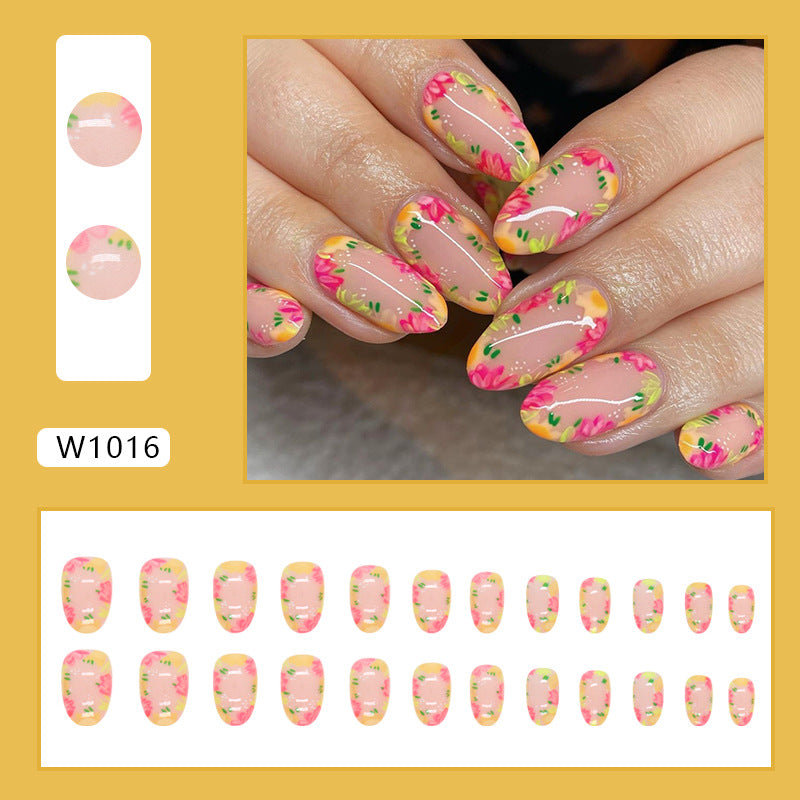 Popular Oval Round Spring Summer Colorful Flower Nails Ins-Style Sweet