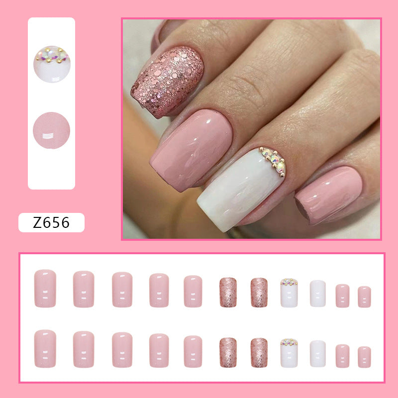 Popular Mid-Length Square Pink Cream Diamond Nails, Shiny, Ins Style