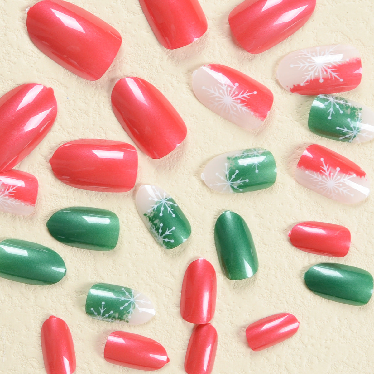 Popular Christmas Red, Green, and White Nails, Snowflakes and Berries