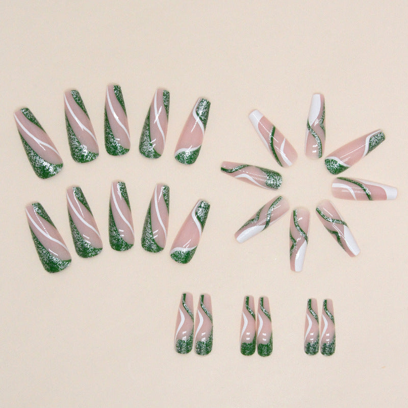 Popular Long Ballet Green Flash Wave Nails Sweet Fashion