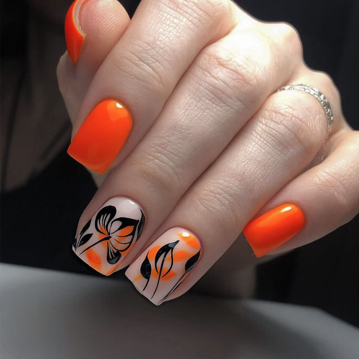 Popular Wholesale Spring Summer Square Orange Leaf Detachable Fake Nails