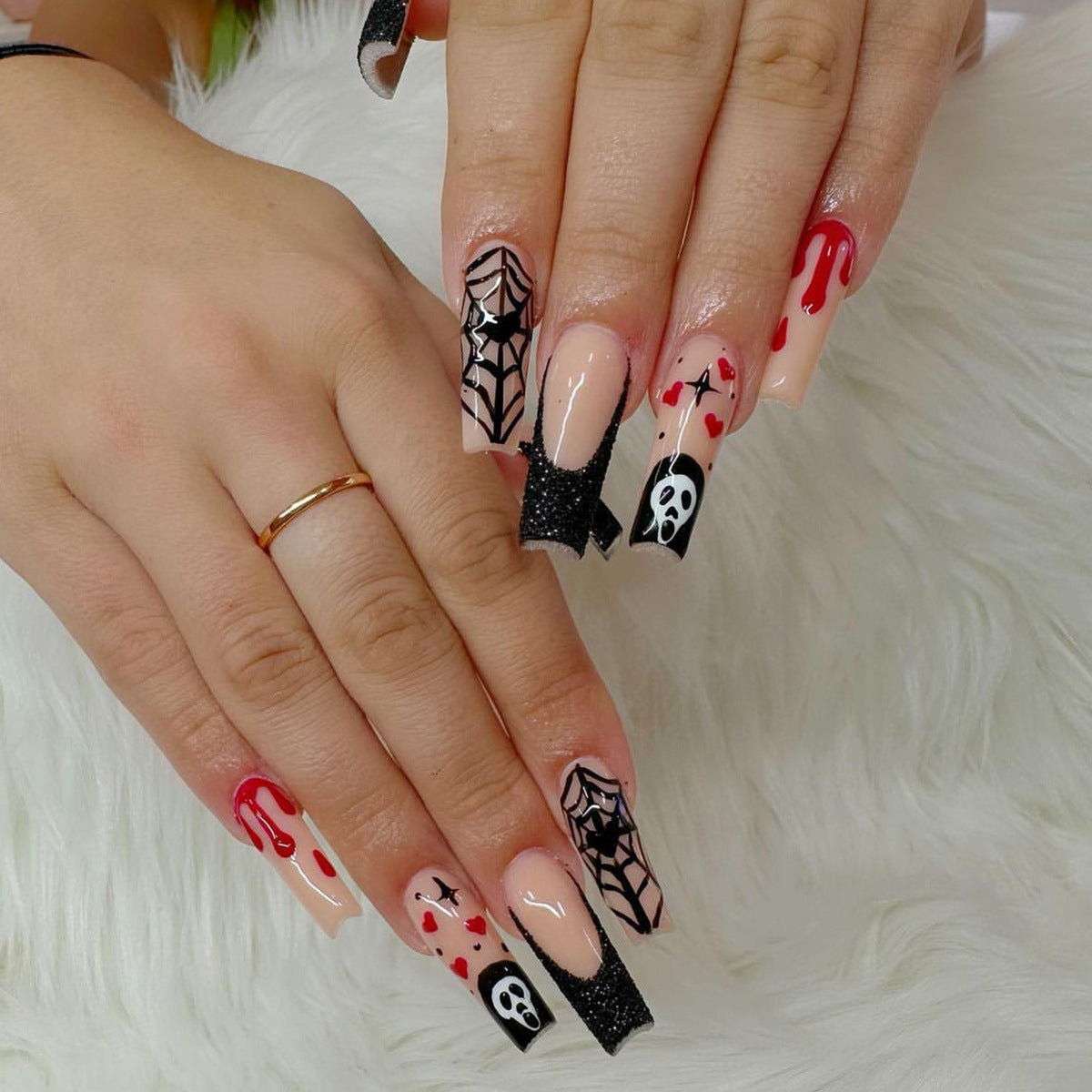 Popular Halloween Long Waterpipe Nails with Stars, Hearts, Ghosts, and Spider Web