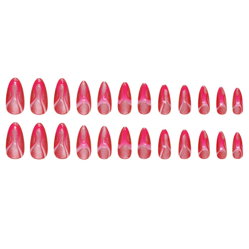 Popular Removable Fake Nails Rose Red Wave Design 24-Piece