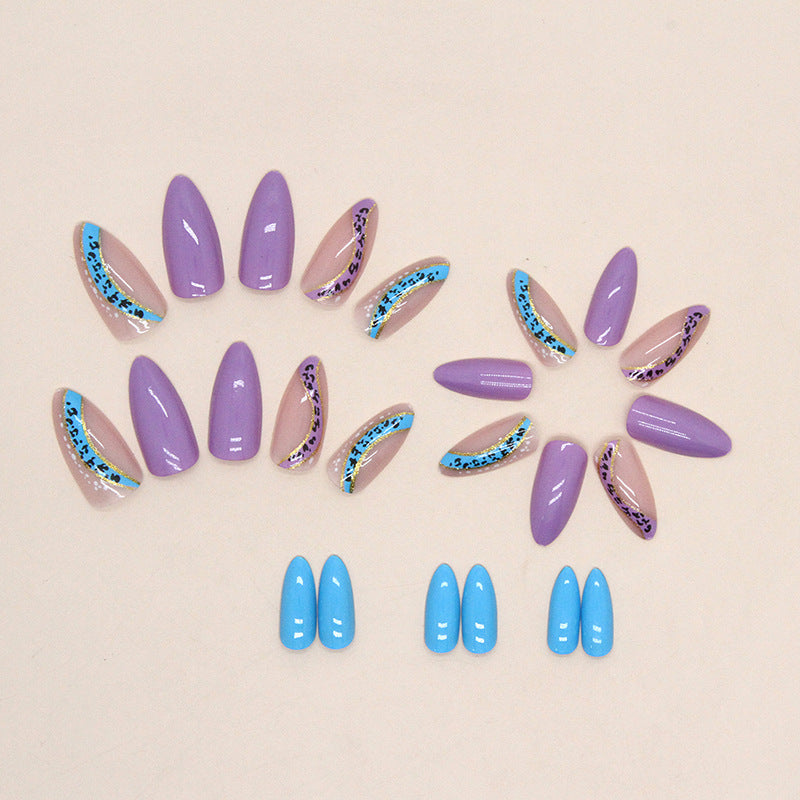 Popular European Leopard Almond Nails, Blue-Purple Ombre with Glitter