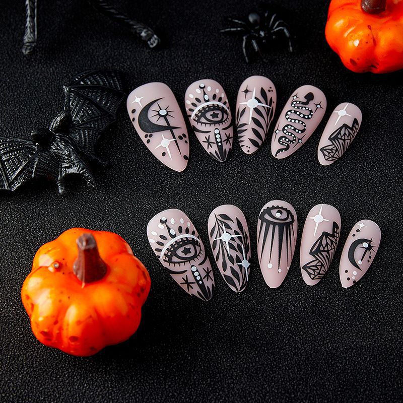 Popular Almond Nails Black Totem Wearable Big Eye Diamond Moon Euro Halloween Ins Style