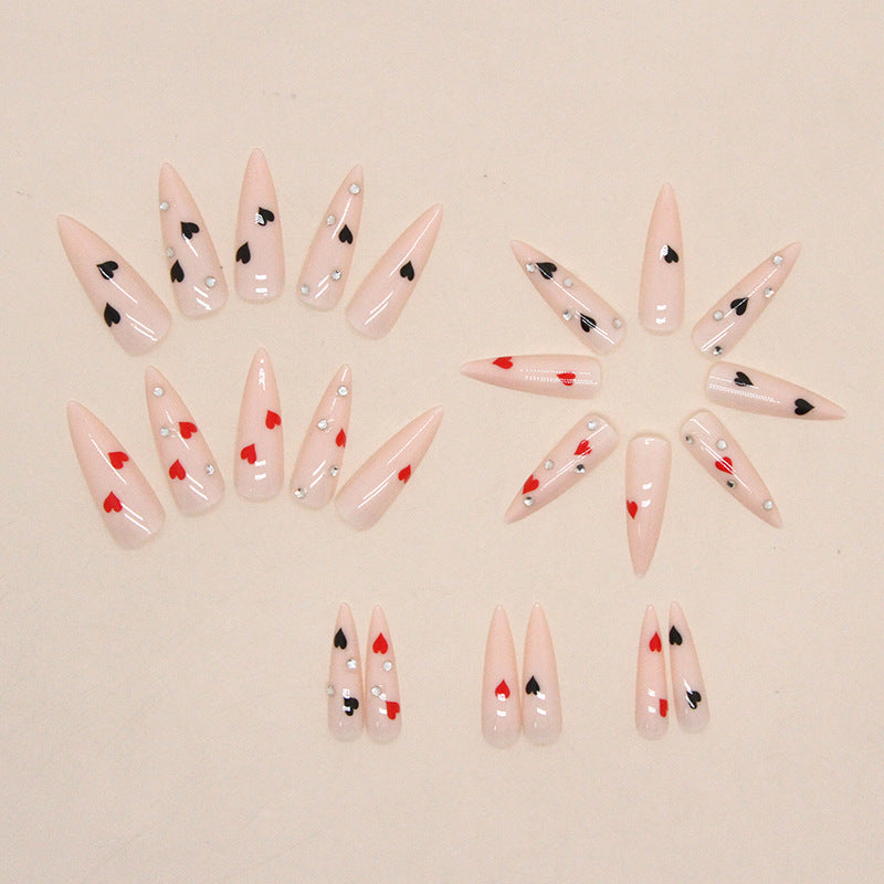 Popular Long Pointed Nails, Black and White Love Hearts, Sweet and Spicy