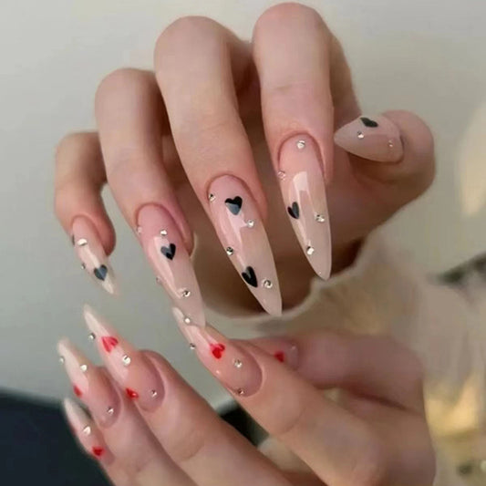 Popular Long Pointed Nails, Black and White Love Hearts, Sweet and Spicy