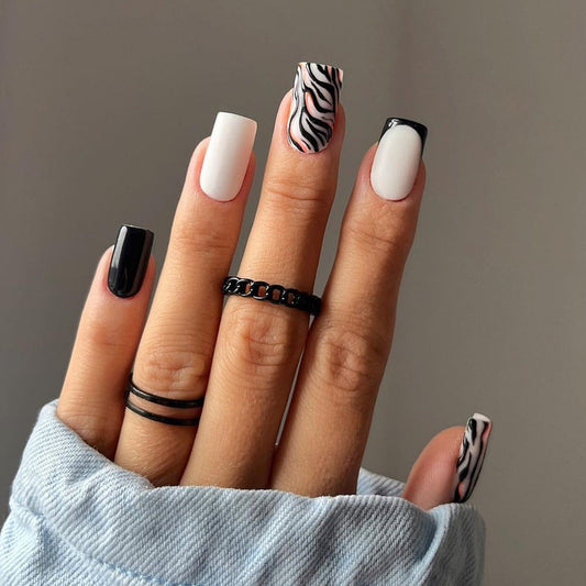 Popular Sweet Cool Black White Zebra French Square Finished Fake Nails