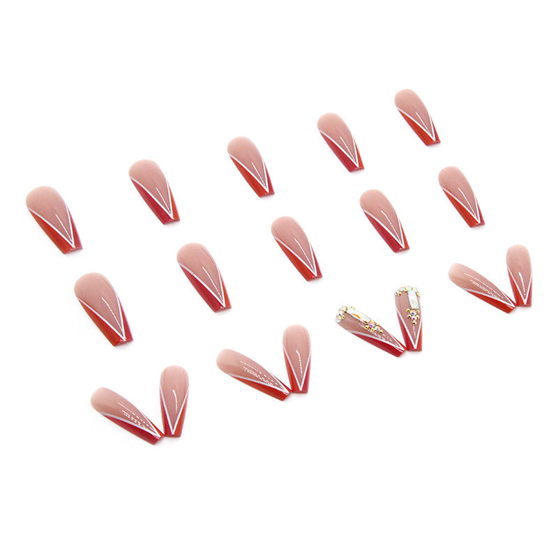 Popular Long Ballet Nails Aurora Square Diamond Dual-Color Edge Orange Red