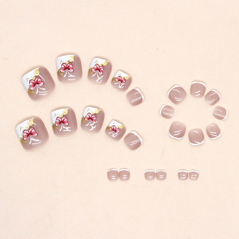 Popular Pure Desire White French Nails with Pink Butterflies