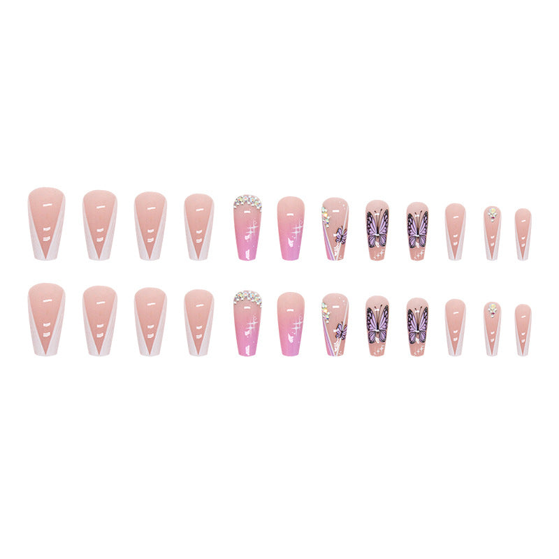 Popular Mid-Length Triangle French Nails with Rhinestones Spring/Summer Butterfly Stars Gradient