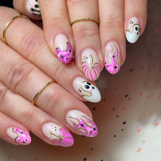 White Ghost and Pumpkin Flame Halloween Nails