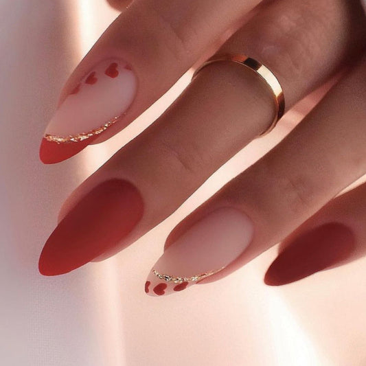 Popular Almond Shaped Red Matte Sweet Heart Line Detachable Fake Nails