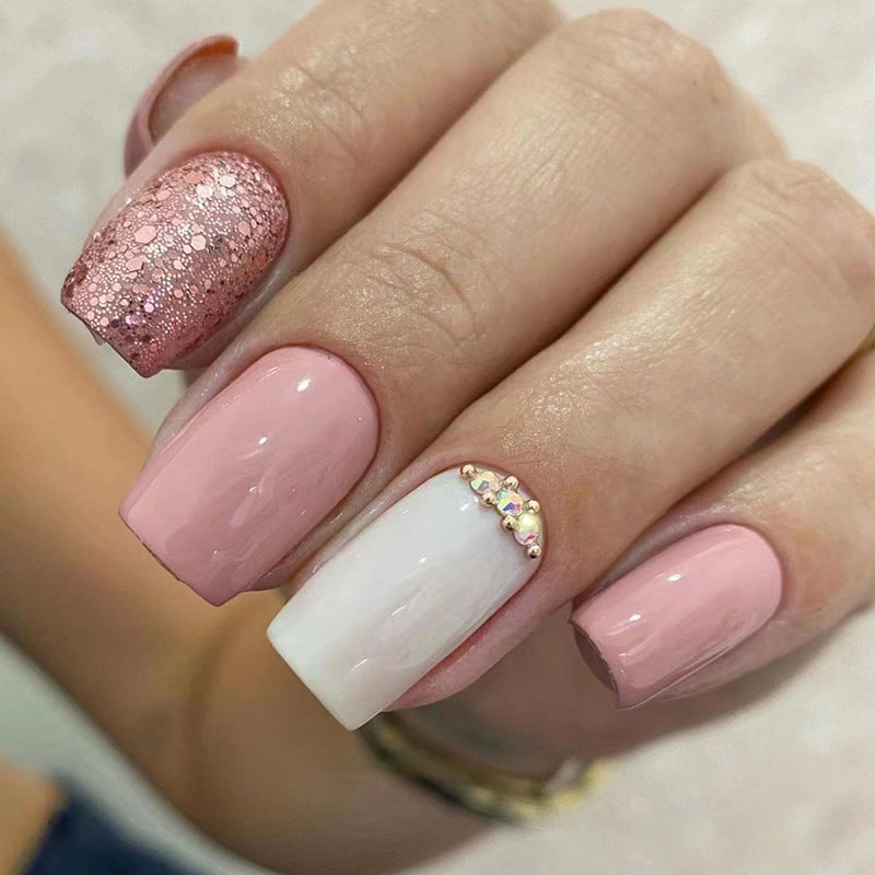 Popular Mid-Length Square Pink Cream Diamond Nails, Shiny, Ins Style