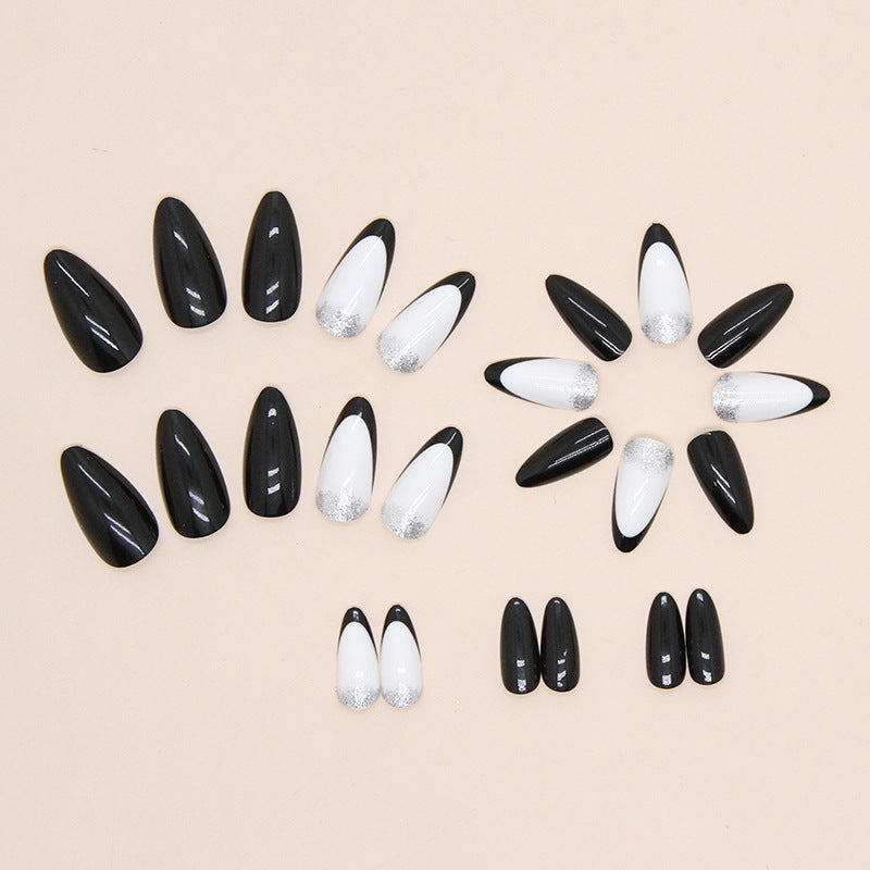 Popular Almond-Shaped Black French Nails, Shiny and Chic