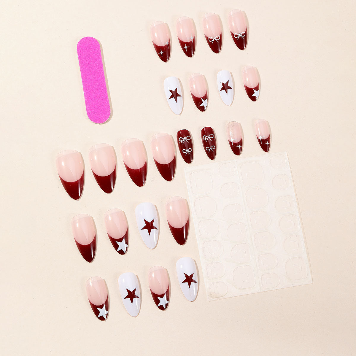 Popular New Arrival Almond Red French Star Bow Detachable Fake Nails