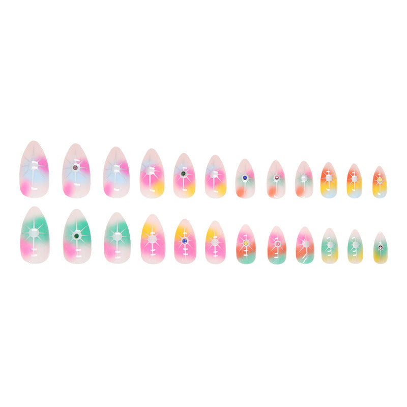 Popular Colorful Rainbow Star Diamond Nails Euro Star Almond Fake Nails Spicy Girl Halloween