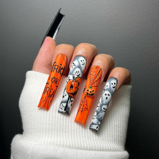 Popular Halloween 3D Pumpkin Smiles and White Ghost Nails