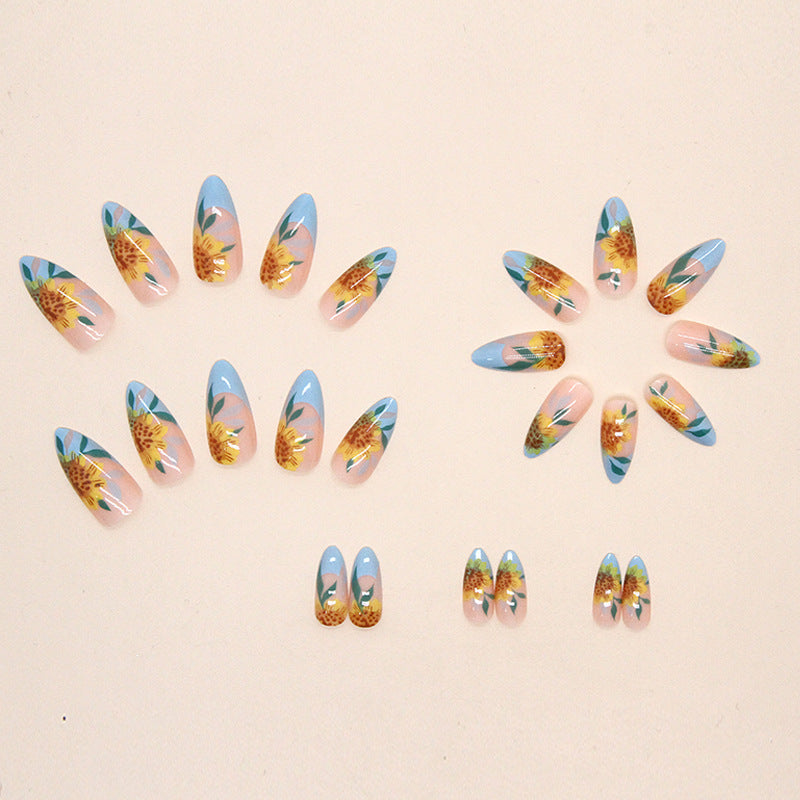 Popular Almond Shape Round Sunflower Nails, Sweet and Edgy, Summer New Arrival-Homeunderwear