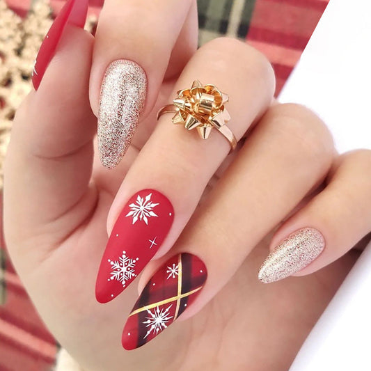 Popular Christmas Red Glitter Snowflake Line Design Detachable Fake Nails