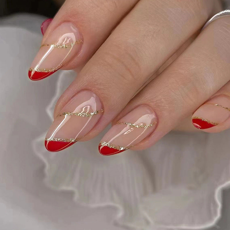 Popular Almond Round Nails Glitter Wave Red Triangle French Bridal Festival Wearable Nails