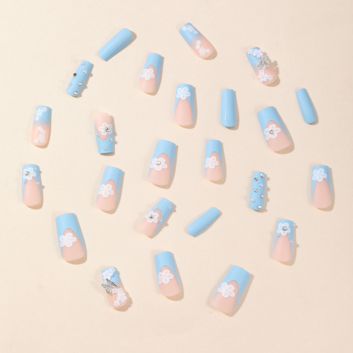 Popular Sky Blue Flower Pearl 5-Petal 3D Butterfly Fresh Fake Nails