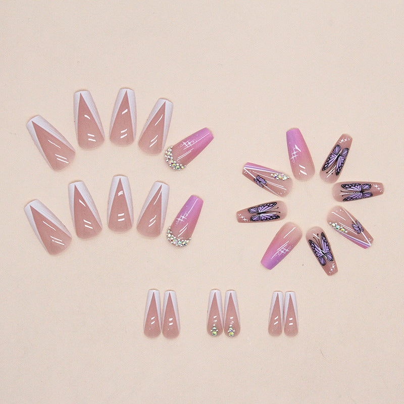 Popular Mid-Length Triangle French Nails with Rhinestones Spring/Summer Butterfly Stars Gradient