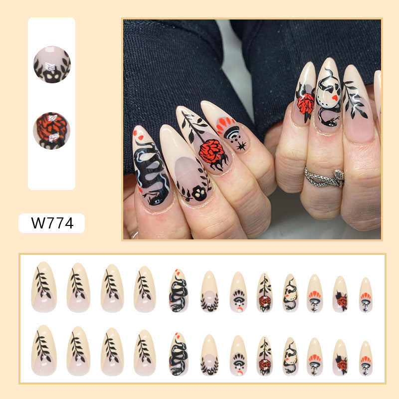 Popular Dark Snake Rose Nails Black Almond Sweet Cool Euro Fashion Halloween Fake Nails