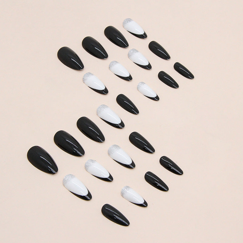 Popular Almond-Shaped Black French Nails, Shiny and Chic