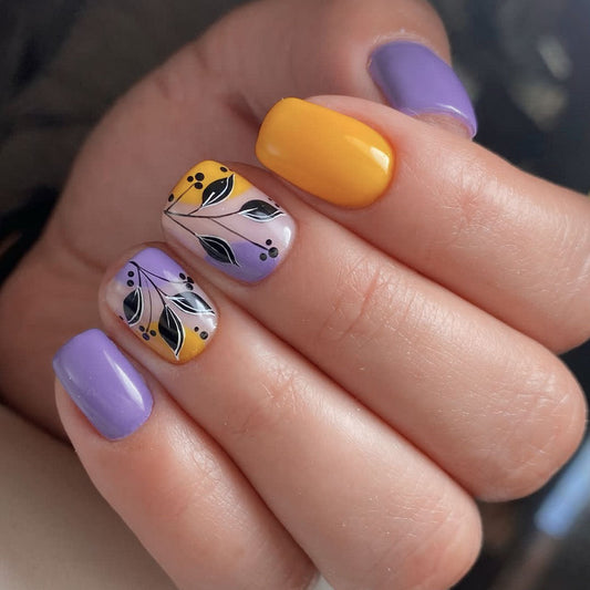 Popular Spring Summer Purple Yellow Floral Print Detachable Fake Nails