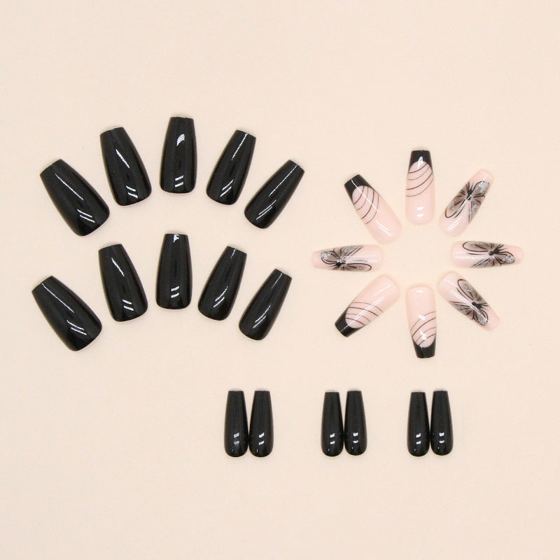 Popular Mid-Length Solid Black Butterfly Nails Striped Glitter French