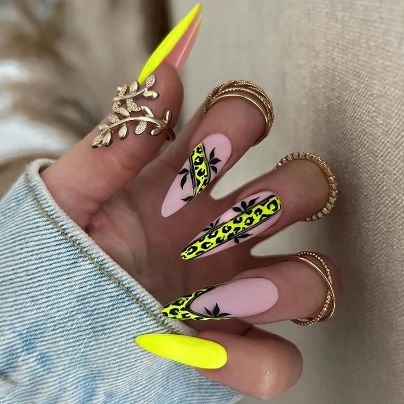 Popular Long Pointed Leopard Print Matte Yellow Nails Ins Style