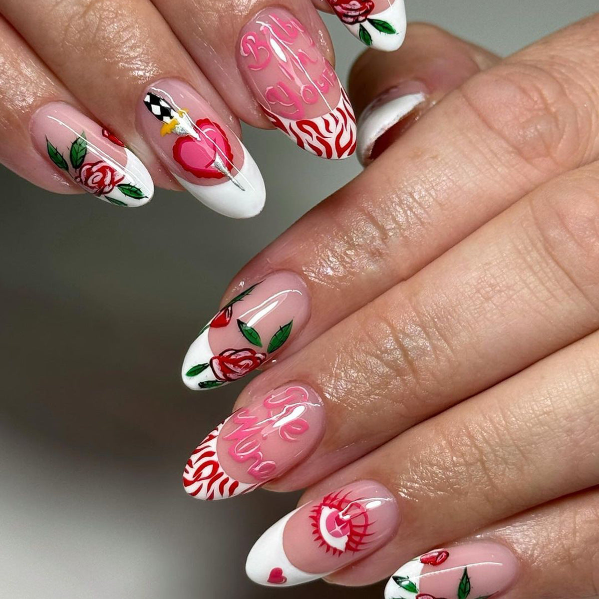 Popular White Edge French Style Valentine's Heart Rose Nails