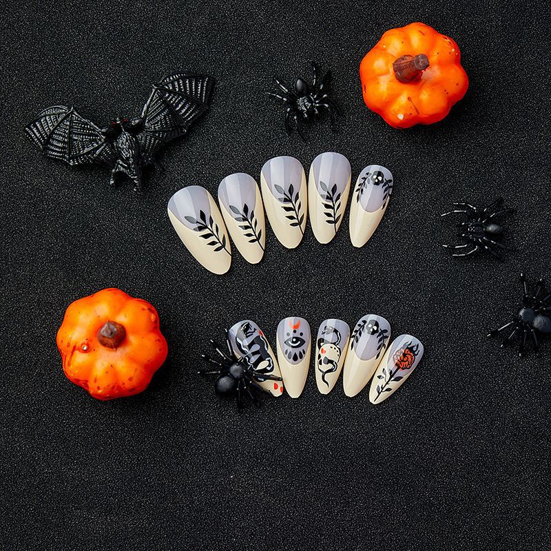 Popular Dark Snake Rose Nails Black Almond Sweet Cool Euro Fashion Halloween Fake Nails