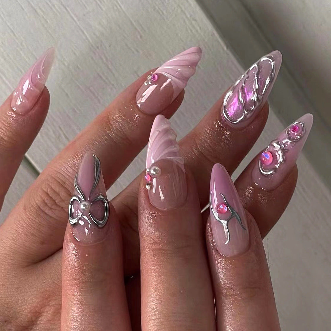 Popular 3D Bow Handmade Mirror Pink Silver Nail Tips-Homeunderwear